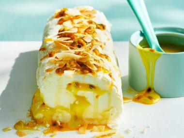 Pavlova roll with passionfruit curd