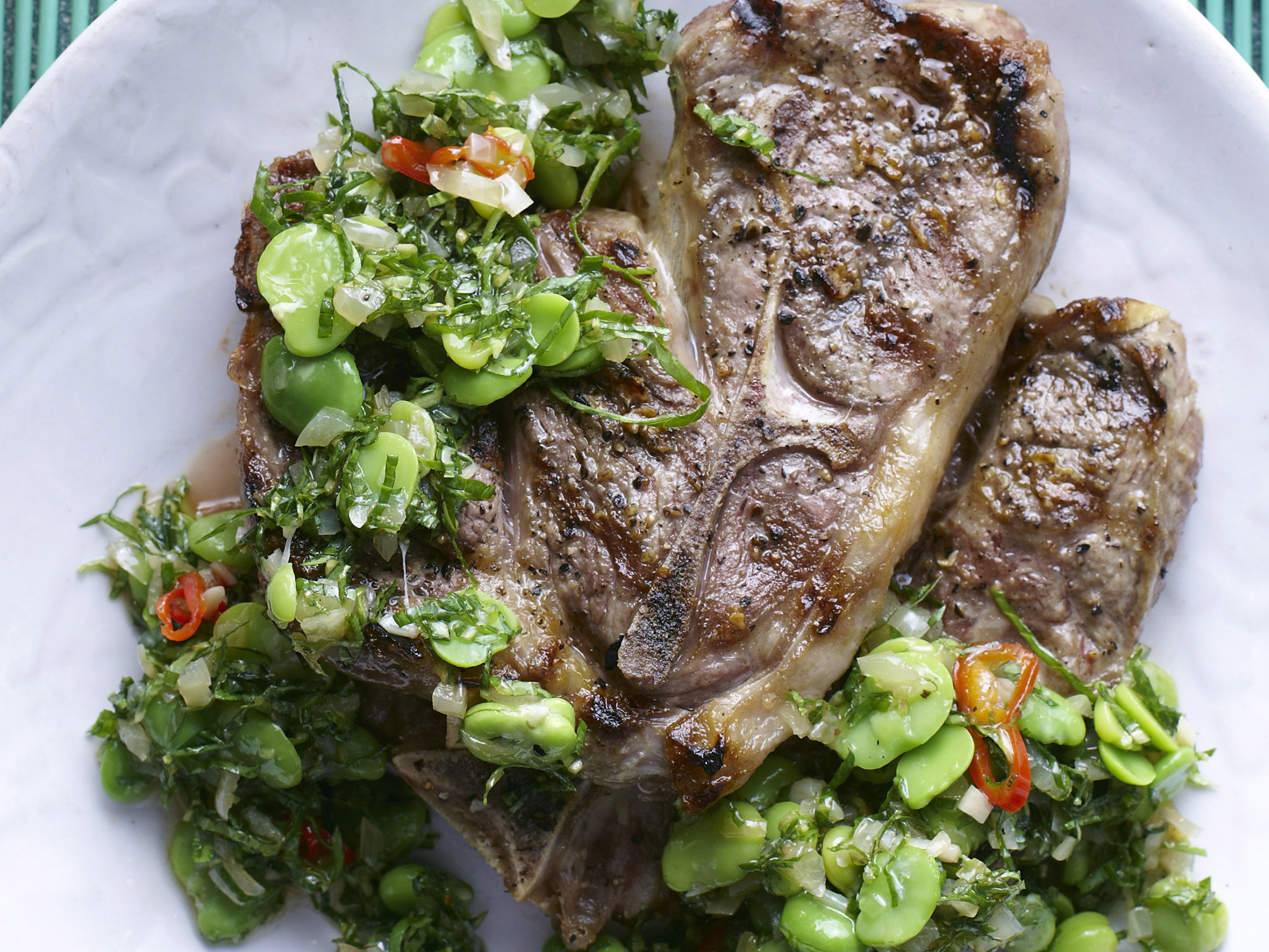 Grilled lamb chops with broad bean vinaigrette