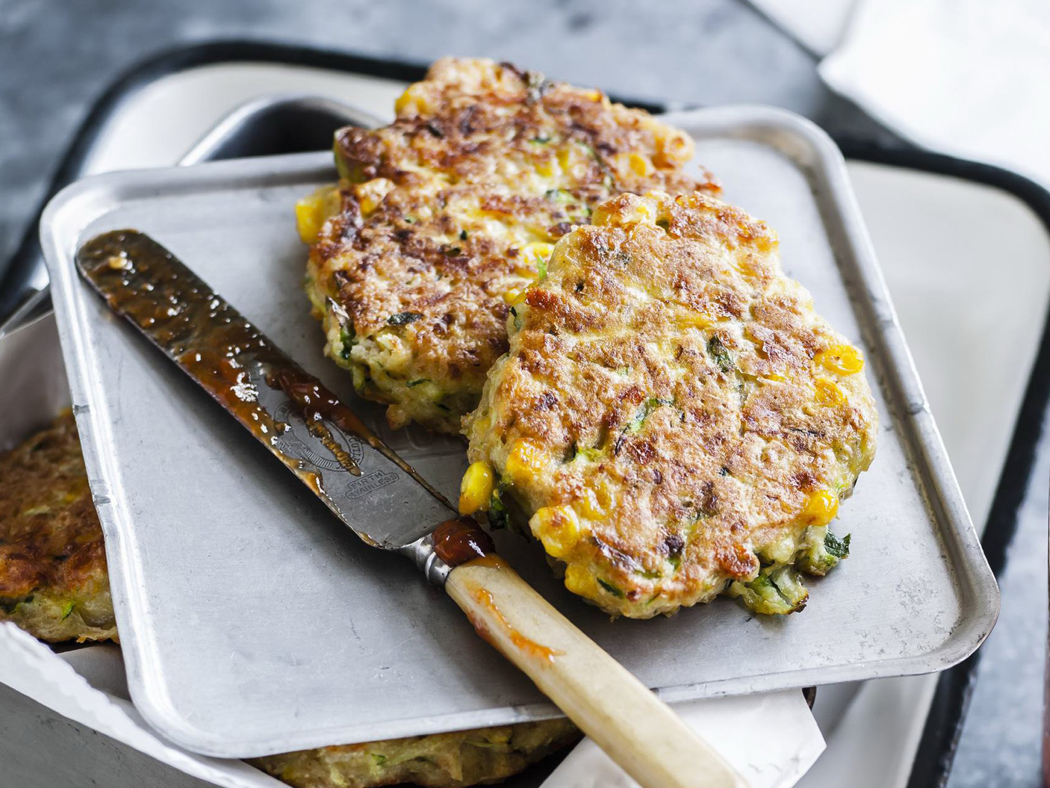 Corn, zucchini and chickpea fritters