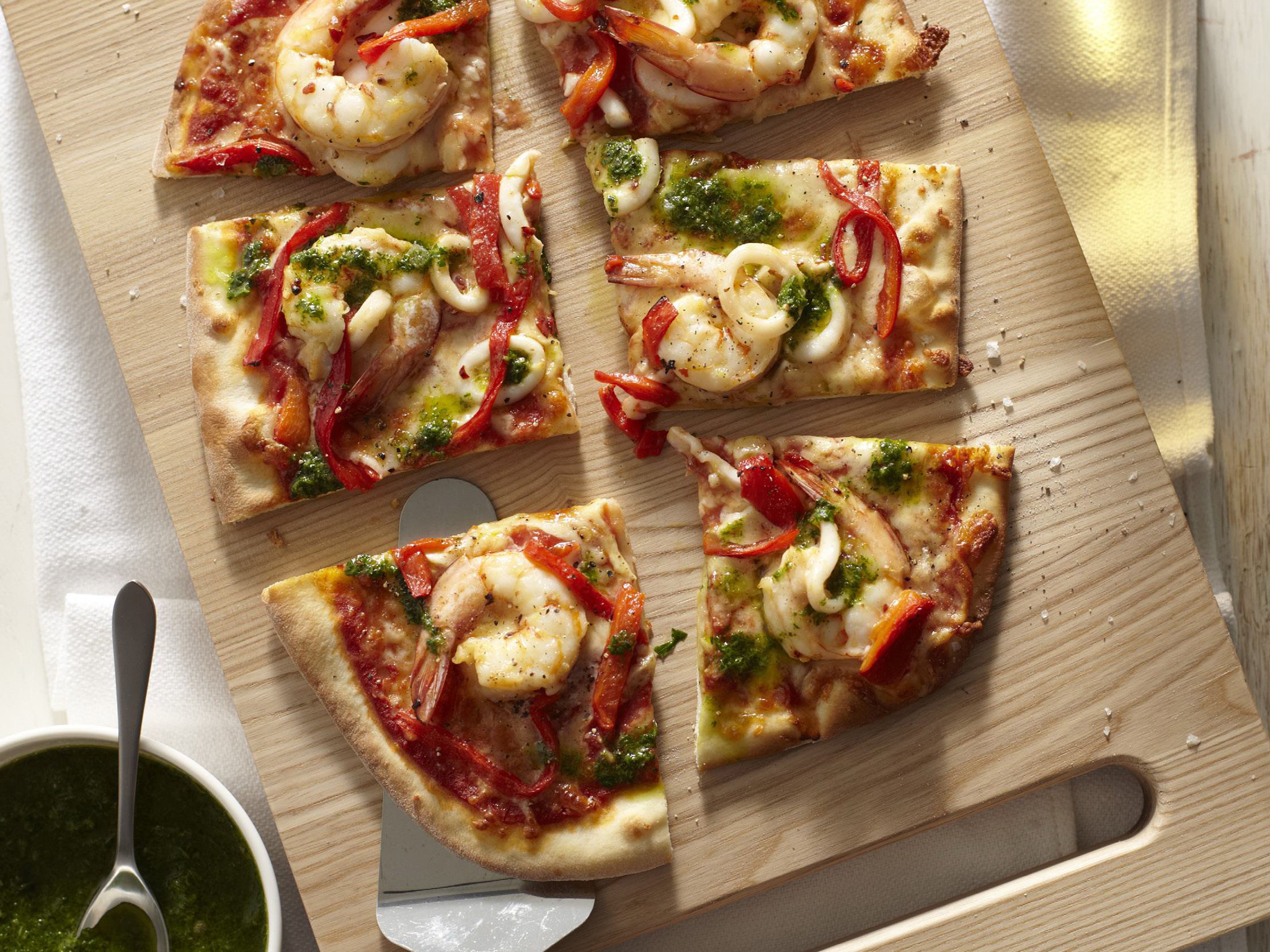 prawn, squid and salsa verde pizza