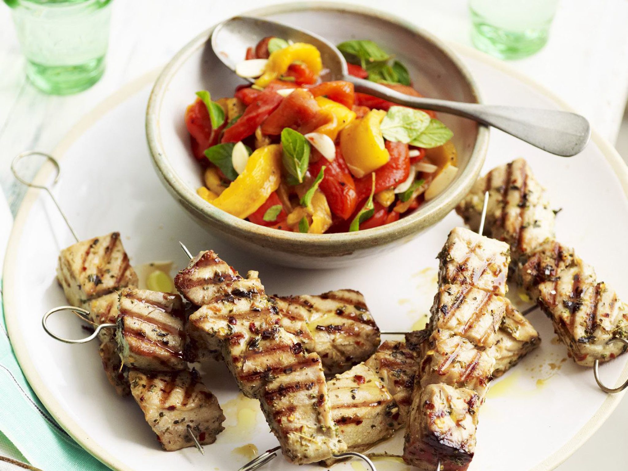 Tuna souvlakia with char-grilled capsicum salad