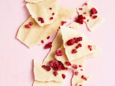 Shards of yoghurt bark dotted with raspberries