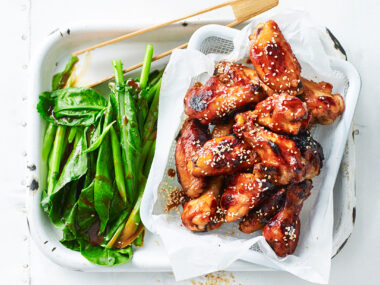 Hoisin chicken wings with gai lan