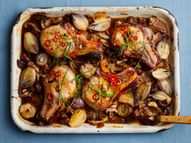 A pan of pork cutlets with sticky chill caramel dressing,