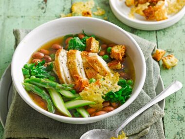 Chicken and vegetable soup with parmesan croutons