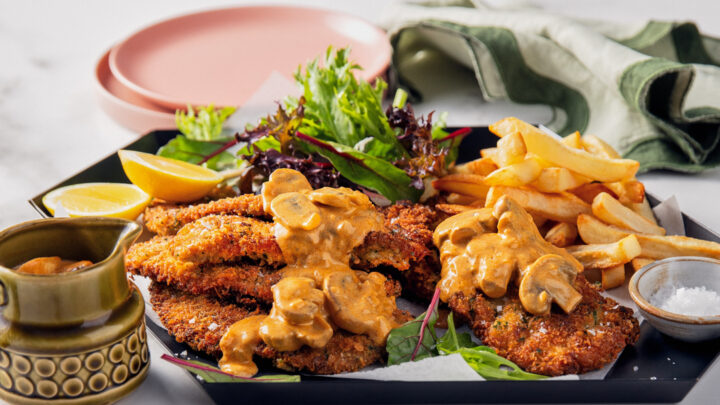 French onion pork schnitzel with stroganoff sauce