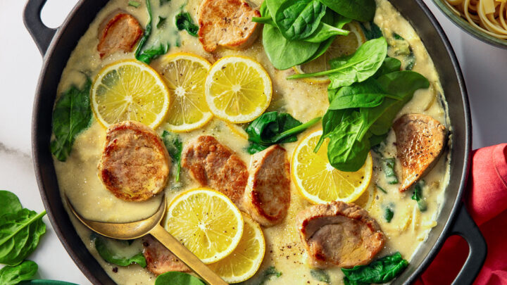 Pork in creamy lemon and spinach sauce