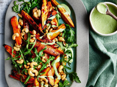 Roasted sweet potato wedges & green goddess dressing