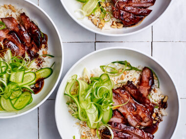 Air fryer hoisin pork steaks with peanut rice and cucumber salad