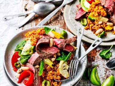 Mediterranean steak salad with farro